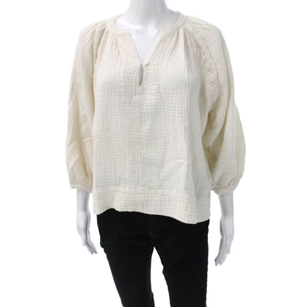 Neve & Hawk Womens Ivory Cotton Blend V-Neck 3/4 Sleeve Blouse Size S